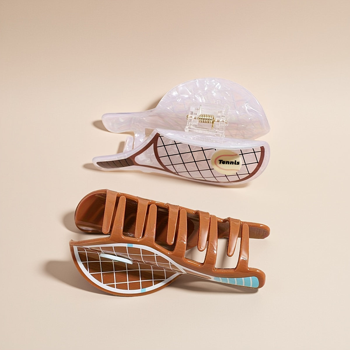 2pcs Cute Cartoon Tennis Racket Hair Clips - Sporty Grid Pattern & Lettered Oval Grip Hair Accessories for Half-Up Styles, Parties, Travel - Pastel & Earthy Tones, Tennis Accessories, Party Goers, Stylish Accessory, Novelty Hairpin, Fashion Lovers