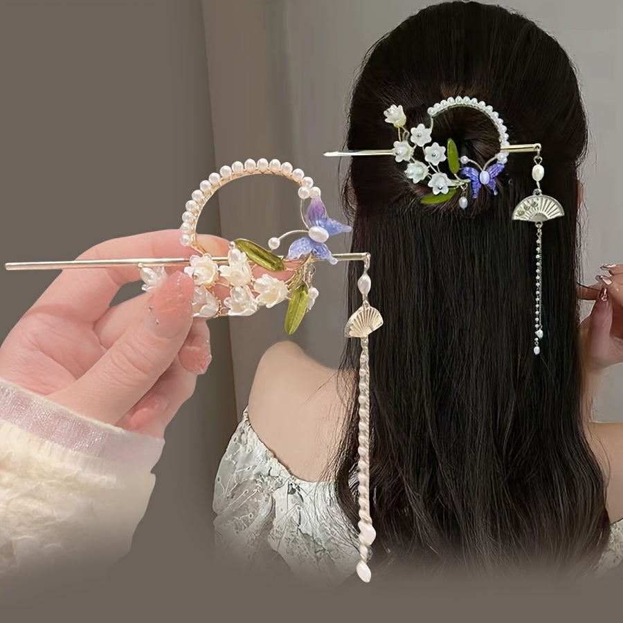 Elegant Chinese-Style Floral Hairpin with Tassel - Elegant Hair Accessory for Women, Traditional Cheongsam and Hanfu Outfits, Pearl and Leaf Design, Hair Accessories for Women, Cheongsam Hairstyle, Cheongsam Style, Intricate Craftsmanship
