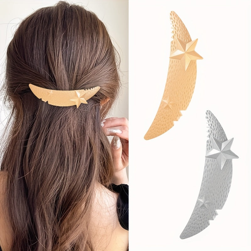 2pcs/1pc Elegant Moon & Star Hair Clips, Alloy Spring Clips for Women, One-Row & Half-Up Hair Clips, High Ponytail Clips, Perfect for Mother’s Day, Ramadan, Easter, and School Reunion Gifts, Anime Style, Solid Color, 14+