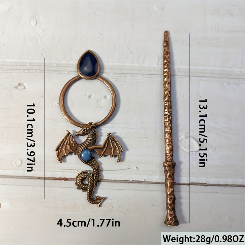 Bohemian Dragon Hairpin - Ancient Flying Dragon & Tree Design with Dark Blue Inlay, Metallic Accents - Updo Bun Ponytail Clip for Costume Parties, Fantasy Events, Casual Attire - Gothic Jewelry Gift for Women, Dragon Decor, Costume Party Accessory,