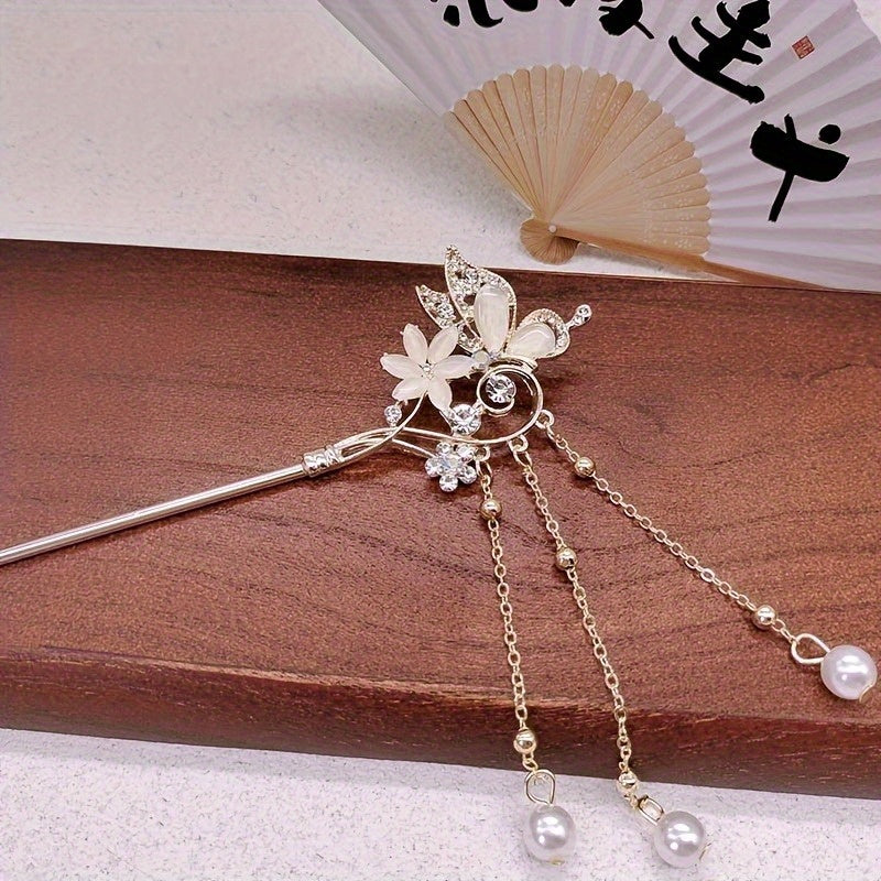 Elegant Retro Butterfly & Love Flower Cat'S Eye Hairpin - High-End Chinese Tassel Accessory with Sparkling Crystals, Perfect for Women'S Party Dresses, Holiday Gifts for Family & Friends, Cat Earrings