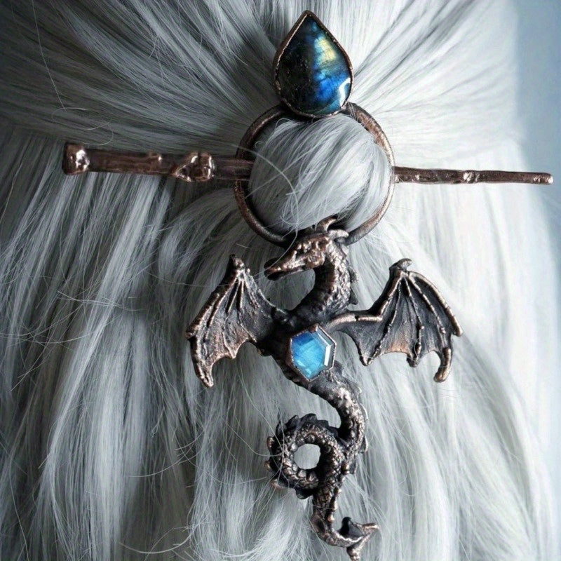 Bohemian Dragon Hairpin - Ancient Flying Dragon & Tree Design with Dark Blue Inlay, Metallic Accents - Updo Bun Ponytail Clip for Costume Parties, Fantasy Events, Casual Attire - Gothic Jewelry Gift for Women, Dragon Decor, Costume Party Accessory,