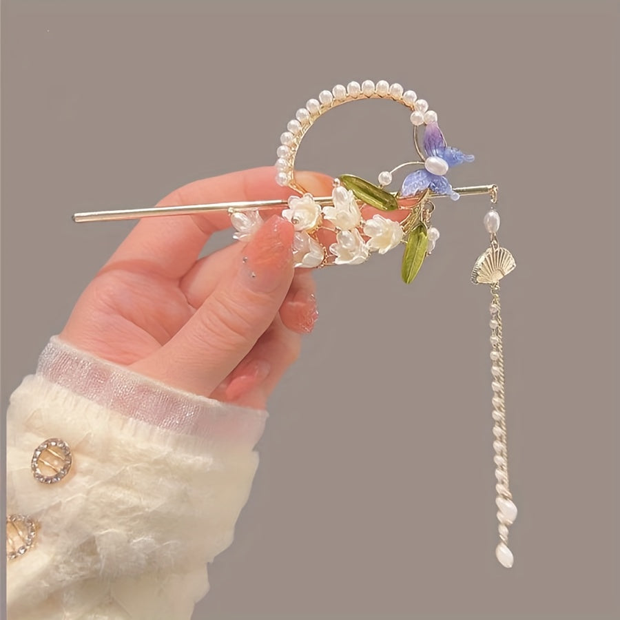Elegant Chinese-Style Floral Hairpin with Tassel - Elegant Hair Accessory for Women, Traditional Cheongsam and Hanfu Outfits, Pearl and Leaf Design, Hair Accessories for Women, Cheongsam Hairstyle, Cheongsam Style, Intricate Craftsmanship