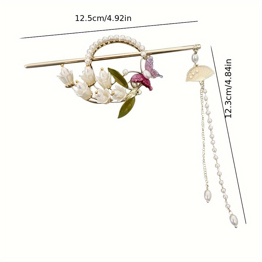 Elegant Chinese-Style Floral Hairpin with Tassel - Elegant Hair Accessory for Women, Traditional Cheongsam and Hanfu Outfits, Pearl and Leaf Design, Hair Accessories for Women, Cheongsam Hairstyle, Cheongsam Style, Intricate Craftsmanship