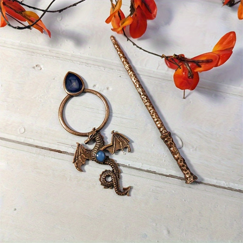 Bohemian Dragon Hairpin - Ancient Flying Dragon & Tree Design with Dark Blue Inlay, Metallic Accents - Updo Bun Ponytail Clip for Costume Parties, Fantasy Events, Casual Attire - Gothic Jewelry Gift for Women, Dragon Decor, Costume Party Accessory,