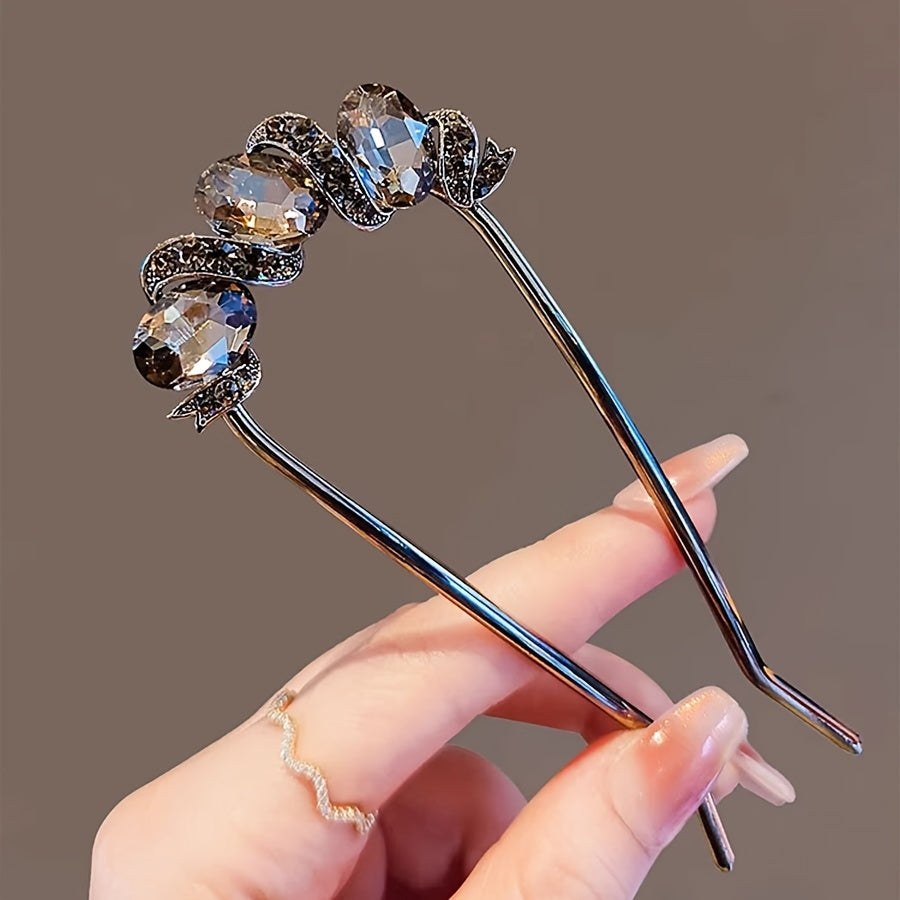 Elegant Vintage-Inspired Black Rhinestone Hairpin - Versatile U-Shaped Hair Accessory for Women, Retro Style