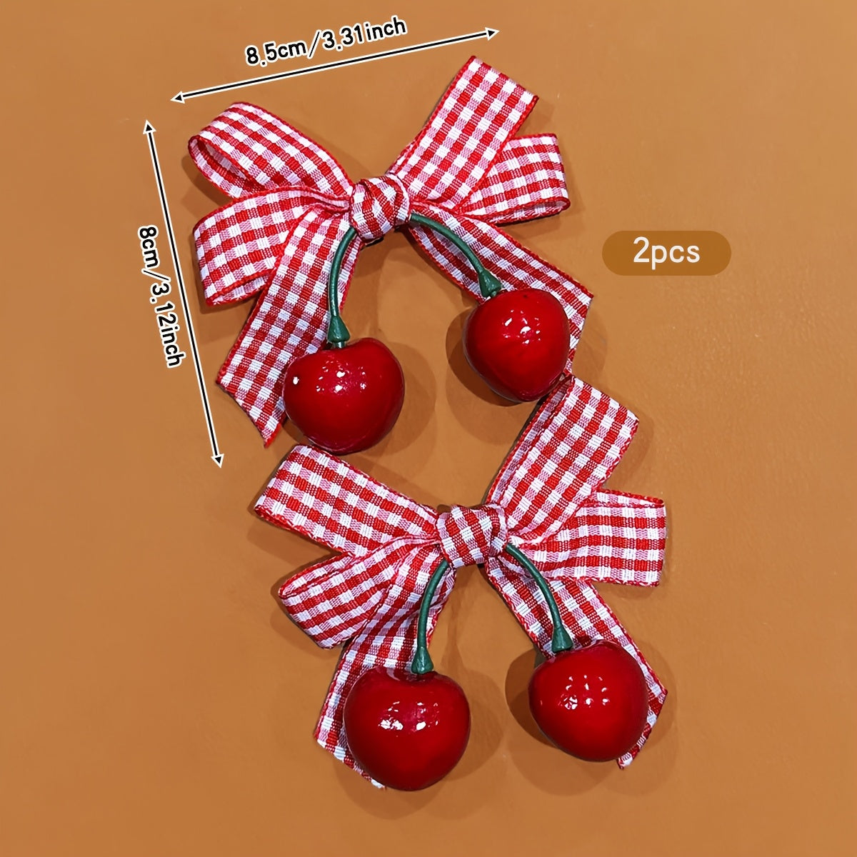 2pcs Korean Style Sweet Cherry Bow Hair Clips - Red & White Gingham Check with Green Leaves, Durable Plastic Hair Accessories for Women, Casual Everyday Use, All-Season Versatile Hairpins, Cute Hair Clips, Playful Hair Accessory, Secure Hold Hairpin