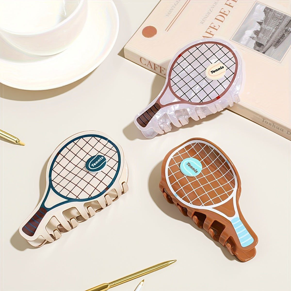 2pcs Cute Cartoon Tennis Racket Hair Clips - Sporty Grid Pattern & Lettered Oval Grip Hair Accessories for Half-Up Styles, Parties, Travel - Pastel & Earthy Tones, Tennis Accessories, Party Goers, Stylish Accessory, Novelty Hairpin, Fashion Lovers