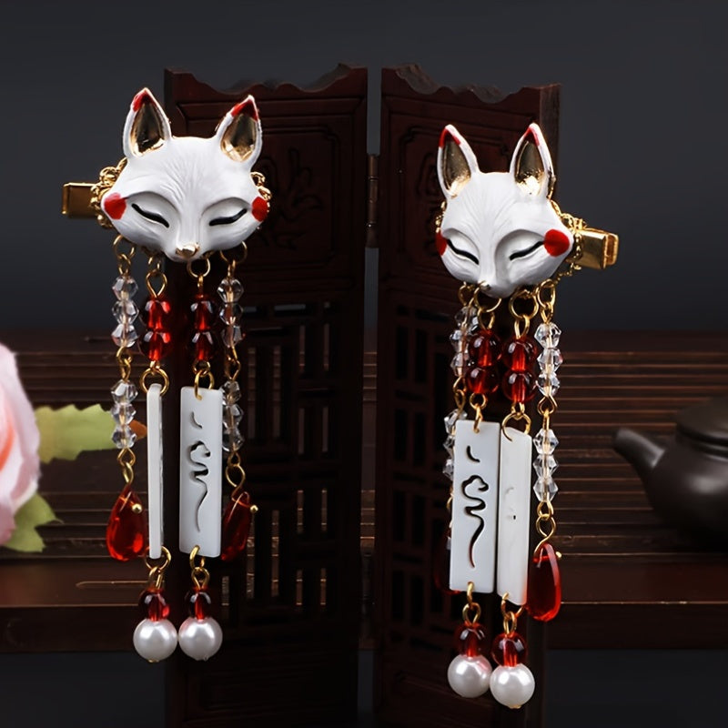 Two Cute Fox Tassel Hairpins, Vintage Hair Clips, Hanfu Hair Accessories for Women, Japanese-Style Hairpins with a Charming And Simple Animal Design in Mixed Colors - Perfect for Everyday Wear And Halloween, Durable Hair Accessories for Stylish Looks