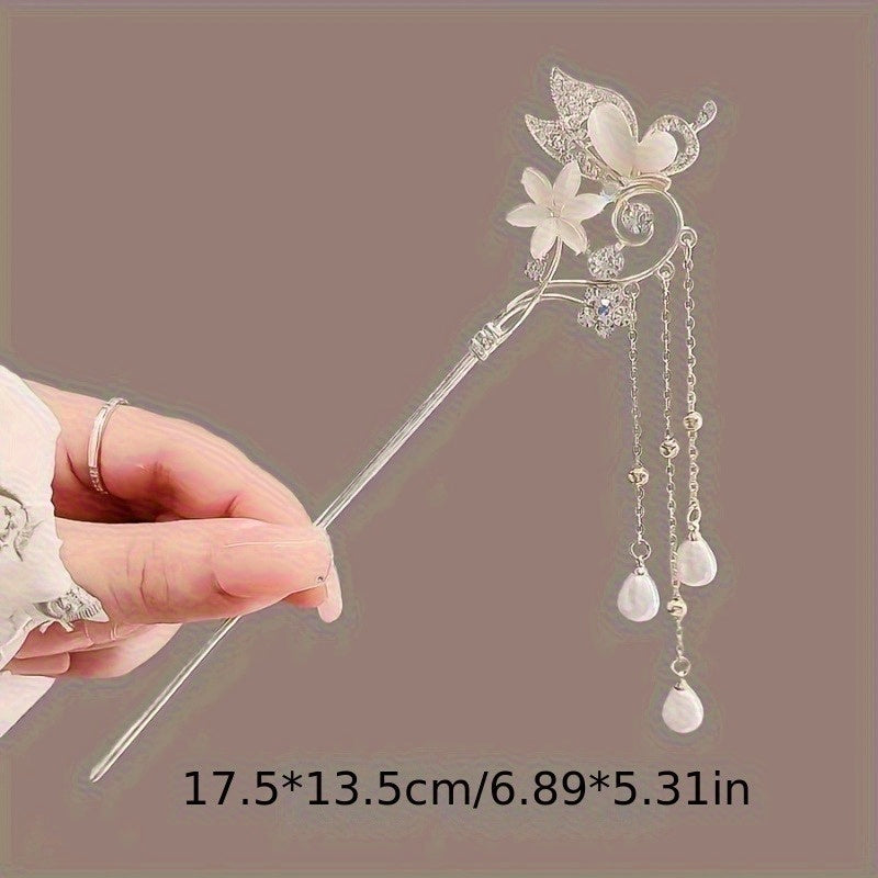 Elegant Retro Butterfly & Love Flower Cat'S Eye Hairpin - High-End Chinese Tassel Accessory with Sparkling Crystals, Perfect for Women'S Party Dresses, Holiday Gifts for Family & Friends, Cat Earrings