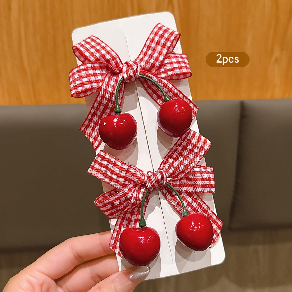 2pcs Korean Style Sweet Cherry Bow Hair Clips - Red & White Gingham Check with Green Leaves, Durable Plastic Hair Accessories for Women, Casual Everyday Use, All-Season Versatile Hairpins, Cute Hair Clips, Playful Hair Accessory, Secure Hold Hairpin