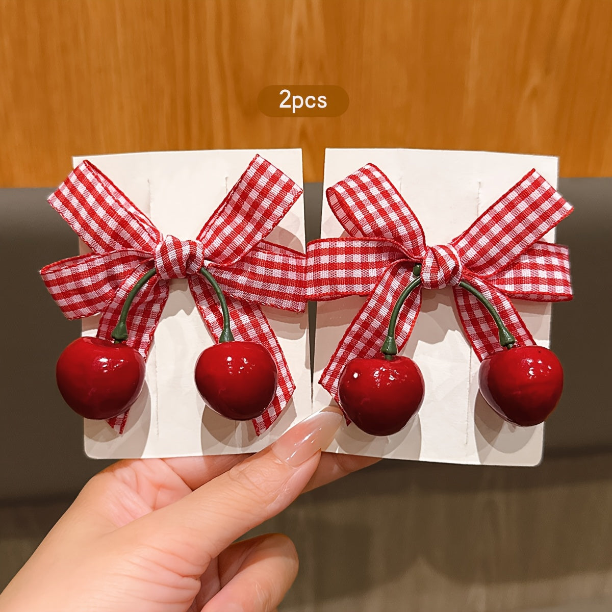 2pcs Korean Style Sweet Cherry Bow Hair Clips - Red & White Gingham Check with Green Leaves, Durable Plastic Hair Accessories for Women, Casual Everyday Use, All-Season Versatile Hairpins, Cute Hair Clips, Playful Hair Accessory, Secure Hold Hairpin