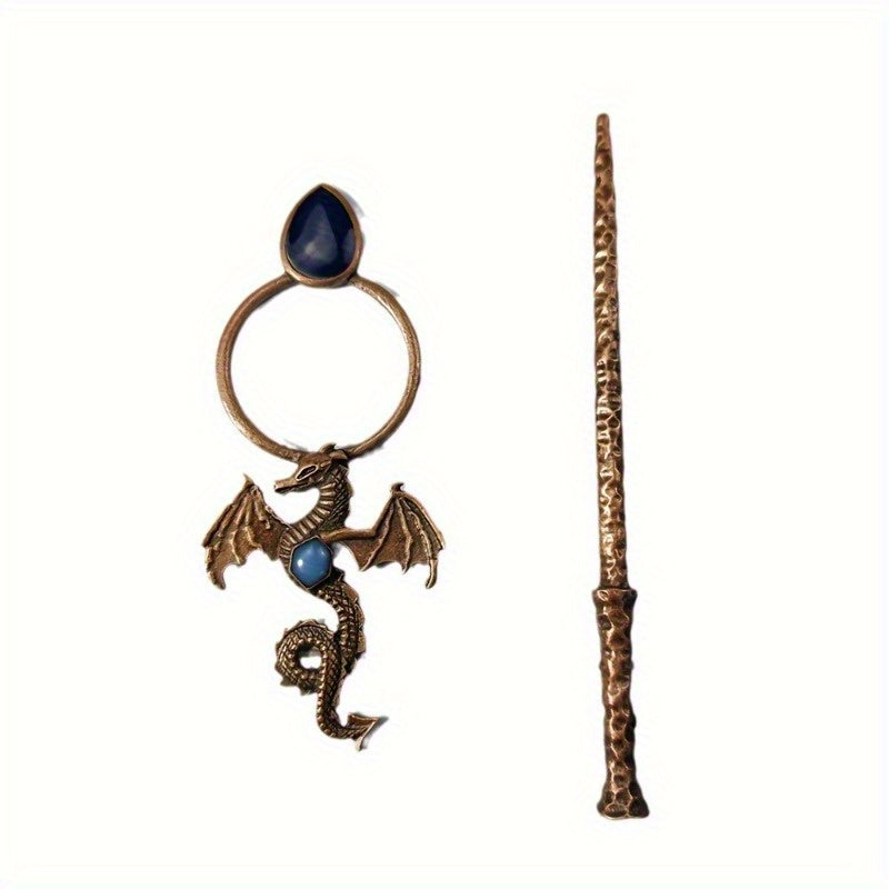 Bohemian Dragon Hairpin - Ancient Flying Dragon & Tree Design with Dark Blue Inlay, Metallic Accents - Updo Bun Ponytail Clip for Costume Parties, Fantasy Events, Casual Attire - Gothic Jewelry Gift for Women, Dragon Decor, Costume Party Accessory,