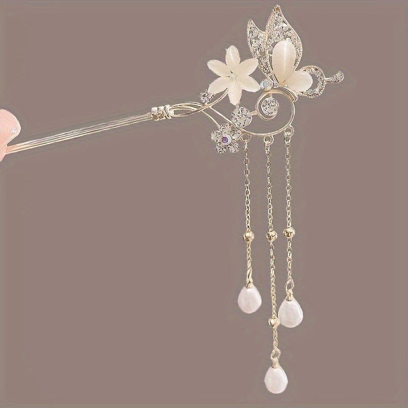 Elegant Retro Butterfly & Love Flower Cat'S Eye Hairpin - High-End Chinese Tassel Accessory with Sparkling Crystals, Perfect for Women'S Party Dresses, Holiday Gifts for Family & Friends, Cat Earrings
