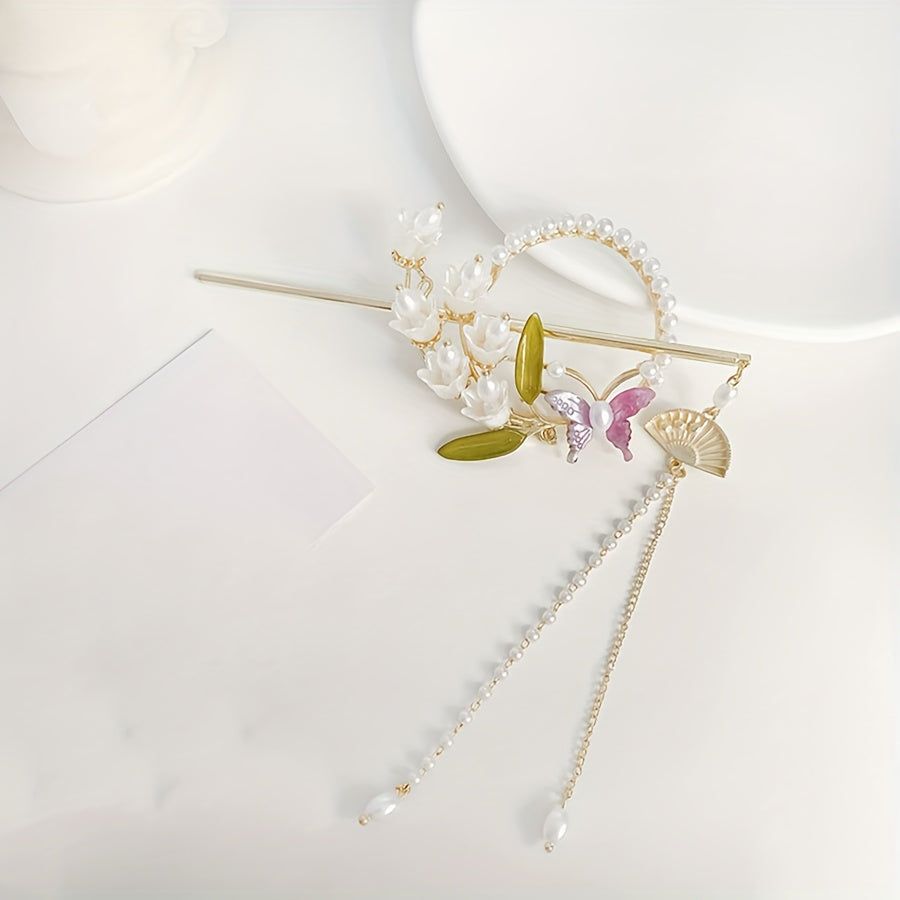 Elegant Chinese-Style Floral Hairpin with Tassel - Elegant Hair Accessory for Women, Traditional Cheongsam and Hanfu Outfits, Pearl and Leaf Design, Hair Accessories for Women, Cheongsam Hairstyle, Cheongsam Style, Intricate Craftsmanship
