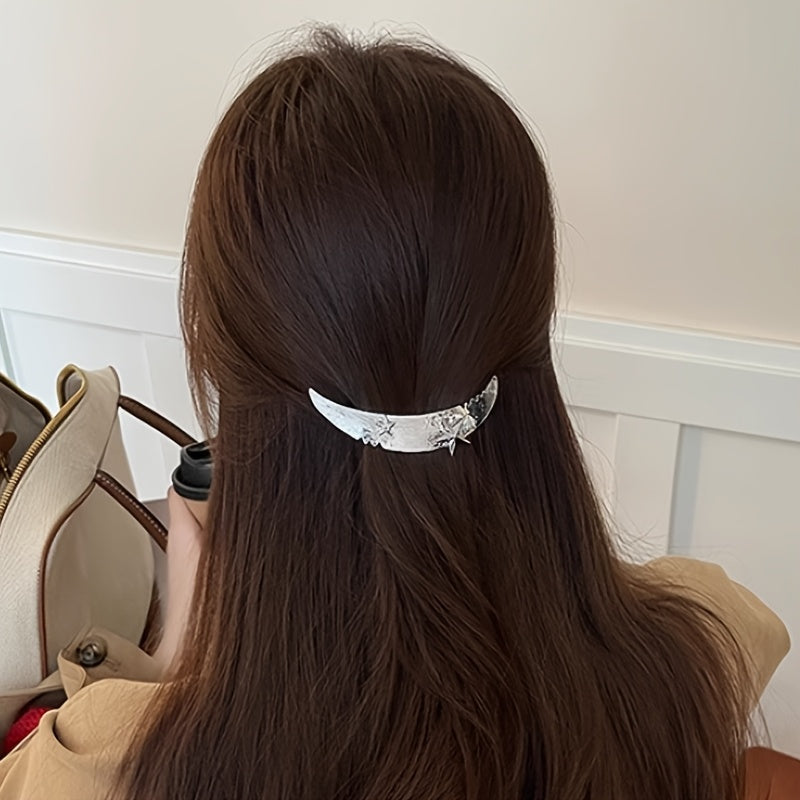 2pcs/1pc Elegant Moon & Star Hair Clips, Alloy Spring Clips for Women, One-Row & Half-Up Hair Clips, High Ponytail Clips, Perfect for Mother’s Day, Ramadan, Easter, and School Reunion Gifts, Anime Style, Solid Color, 14+