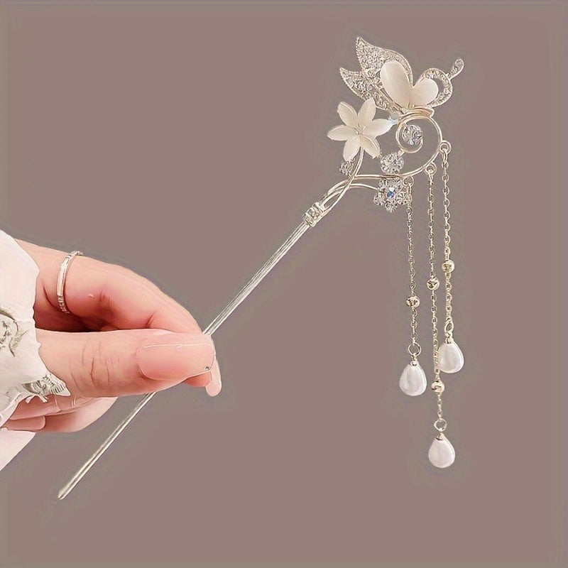 Elegant Retro Butterfly & Love Flower Cat'S Eye Hairpin - High-End Chinese Tassel Accessory with Sparkling Crystals, Perfect for Women'S Party Dresses, Holiday Gifts for Family & Friends, Cat Earrings