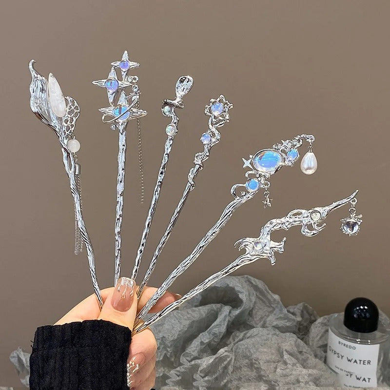 6pcs Elegant Moonstone Hairpins with Floral & Teardrop Accents - Secure Claw Clips for Women, Versatile for Daily Wear & Parties, Romantic Style Hair Accessories, Moonstone Jewelry