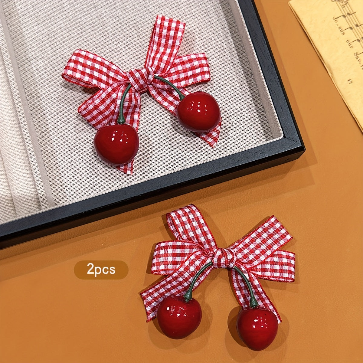 2pcs Korean Style Sweet Cherry Bow Hair Clips - Red & White Gingham Check with Green Leaves, Durable Plastic Hair Accessories for Women, Casual Everyday Use, All-Season Versatile Hairpins, Cute Hair Clips, Playful Hair Accessory, Secure Hold Hairpin
