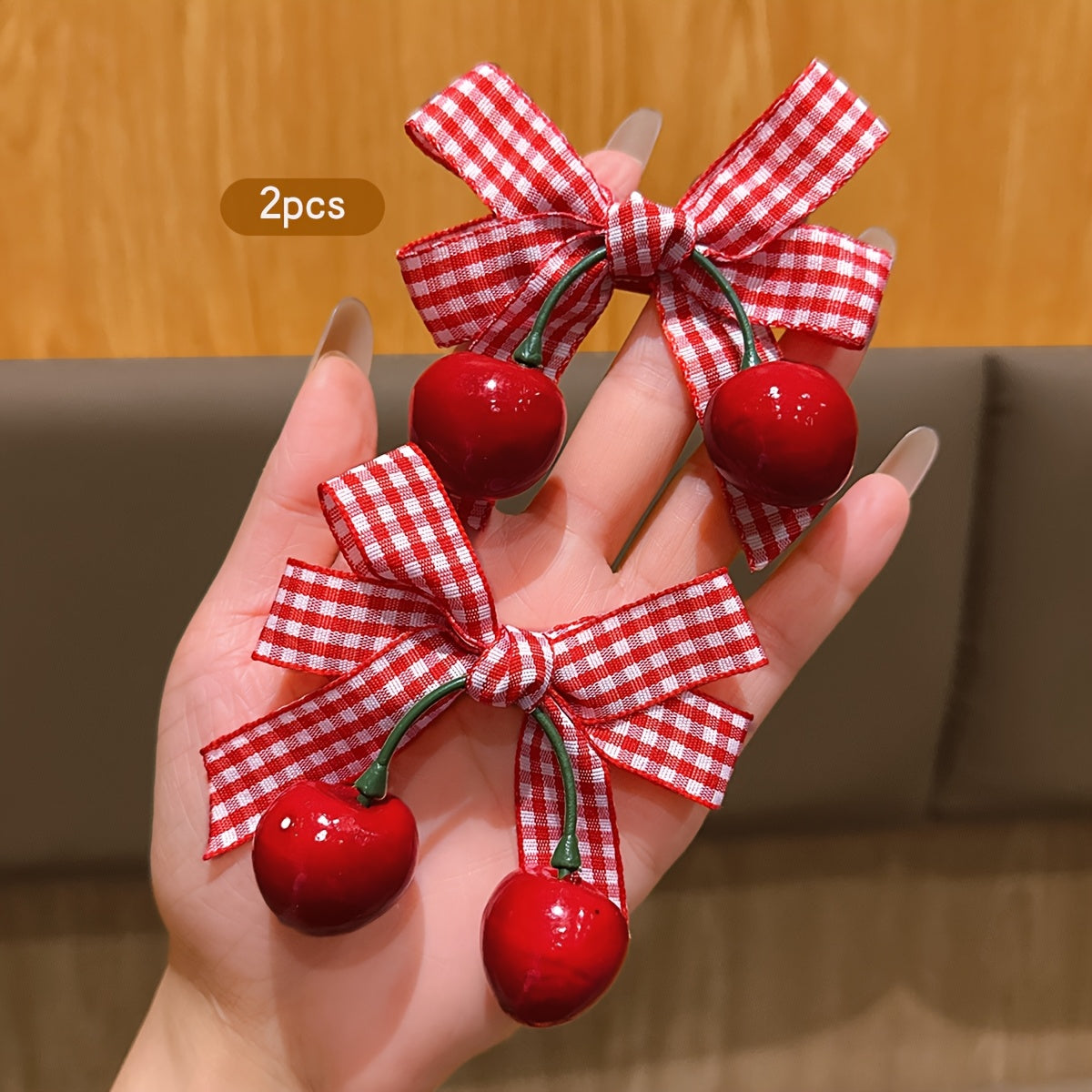 2pcs Korean Style Sweet Cherry Bow Hair Clips - Red & White Gingham Check with Green Leaves, Durable Plastic Hair Accessories for Women, Casual Everyday Use, All-Season Versatile Hairpins, Cute Hair Clips, Playful Hair Accessory, Secure Hold Hairpin