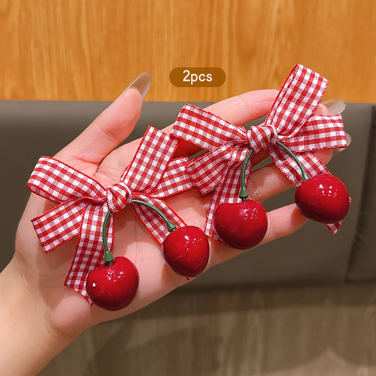 2pcs Korean Style Sweet Cherry Bow Hair Clips - Red & White Gingham Check with Green Leaves, Durable Plastic Hair Accessories for Women, Casual Everyday Use, All-Season Versatile Hairpins, Cute Hair Clips, Playful Hair Accessory, Secure Hold Hairpin