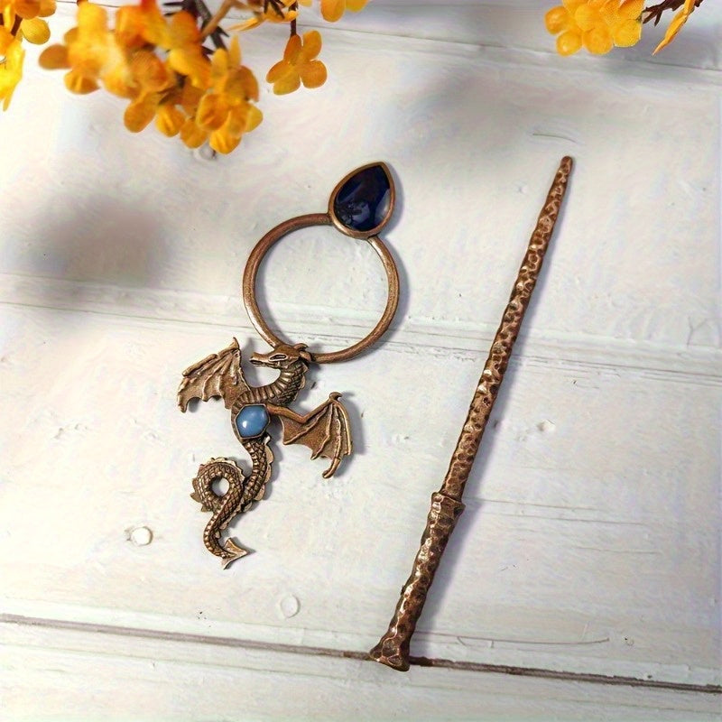 Bohemian Dragon Hairpin - Ancient Flying Dragon & Tree Design with Dark Blue Inlay, Metallic Accents - Updo Bun Ponytail Clip for Costume Parties, Fantasy Events, Casual Attire - Gothic Jewelry Gift for Women, Dragon Decor, Costume Party Accessory,