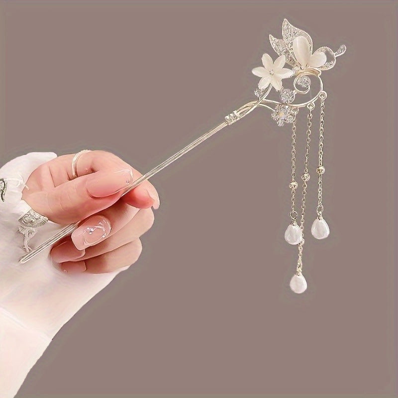 Elegant Retro Butterfly & Love Flower Cat'S Eye Hairpin - High-End Chinese Tassel Accessory with Sparkling Crystals, Perfect for Women'S Party Dresses, Holiday Gifts for Family & Friends, Cat Earrings