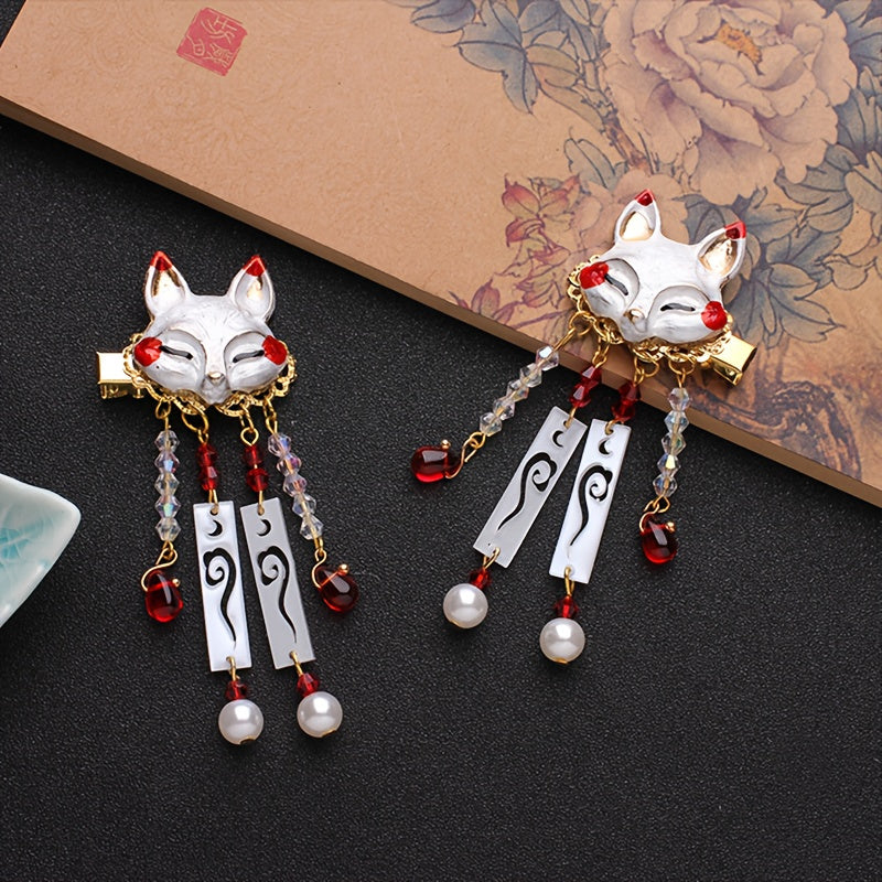 Two Cute Fox Tassel Hairpins, Vintage Hair Clips, Hanfu Hair Accessories for Women, Japanese-Style Hairpins with a Charming And Simple Animal Design in Mixed Colors - Perfect for Everyday Wear And Halloween, Durable Hair Accessories for Stylish Looks