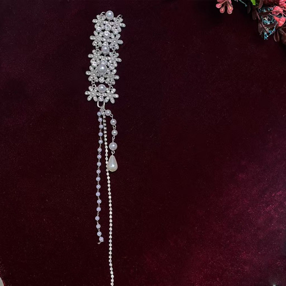 [Glamorous Hairpiece] Elegant Bridal Hair Accessory with Sparkling Rhinestones & Imitation Pearls - Ethnic Style Tassel Clip, Light Luxury Metal Headwear for Weddings, Wedding Accessories