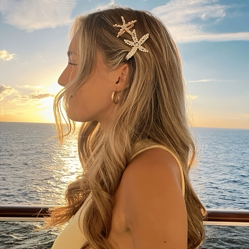 [Elegant Hair Clip] 2pcs Elegant Sweet Imitation Pearl Decorated Starfish Hair Clip Combination | Suitable for Weddings, Dates, Vacations, Daily Wear, Women's Hair Accessorie