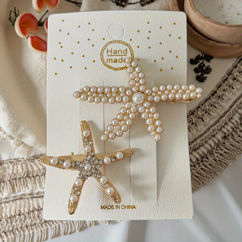 [Elegant Hair Clip] 2pcs Elegant Sweet Imitation Pearl Decorated Starfish Hair Clip Combination | Suitable for Weddings, Dates, Vacations, Daily Wear, Women's Hair Accessorie