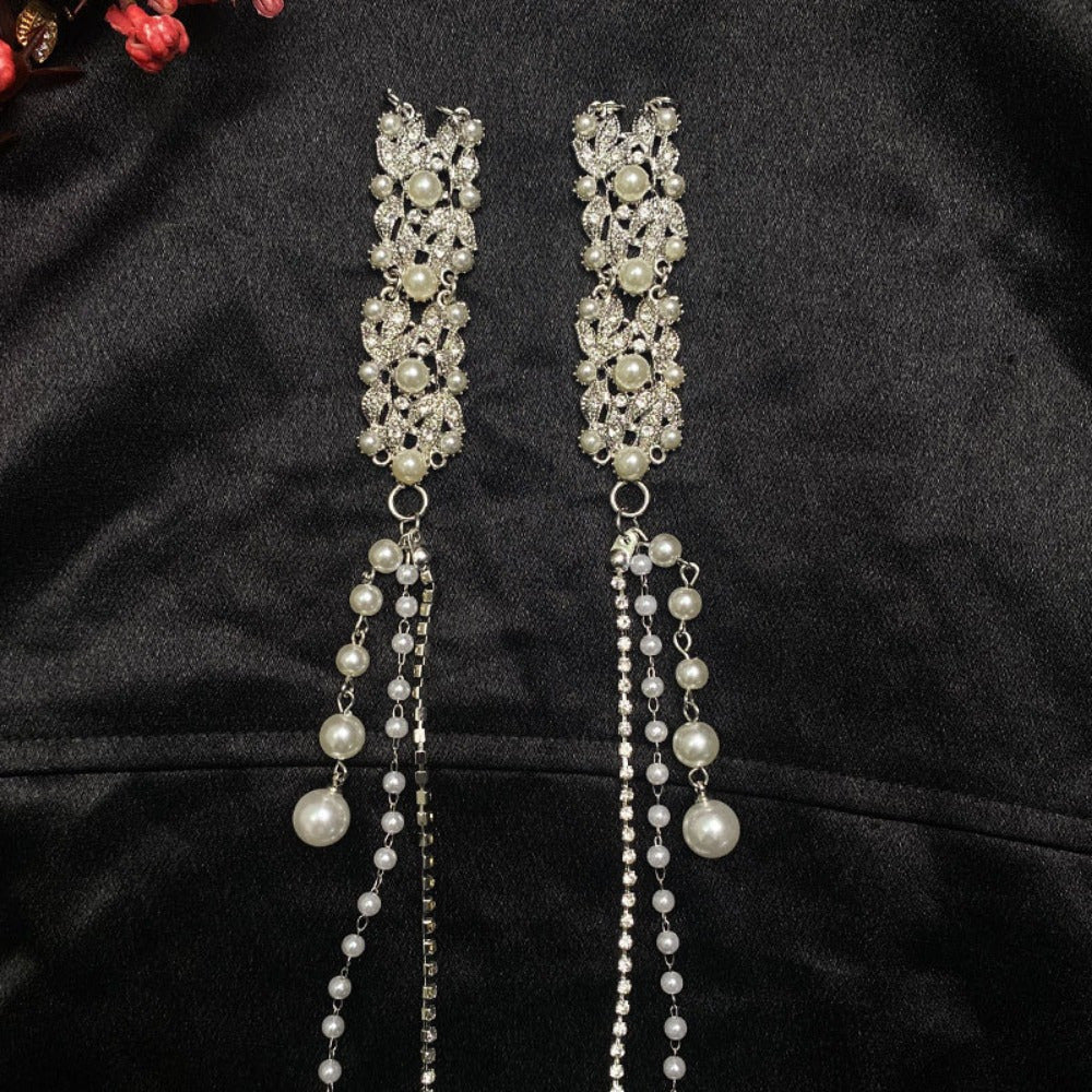 [Glamorous Hairpiece] Elegant Bridal Hair Accessory with Sparkling Rhinestones & Imitation Pearls - Ethnic Style Tassel Clip, Light Luxury Metal Headwear for Weddings, Wedding Accessories