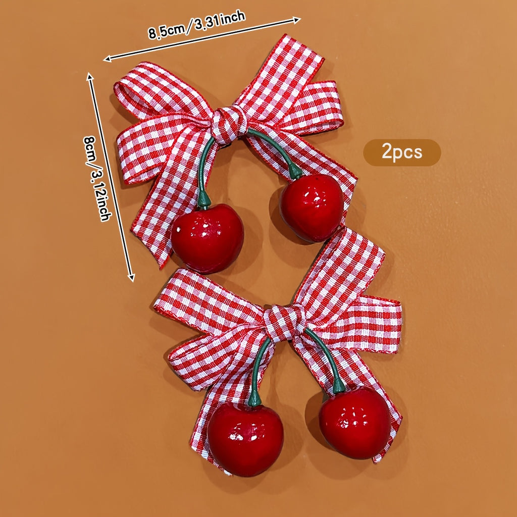 2pcs Korean Style Sweet Cherry Bow Hair Clips - Red & White Gingham Check with Green Leaves, Durable Plastic Hair Accessories for Women, Casual Everyday Use, All-Season Versatile Hairpins, Cute Hair Clips, Playful Hair Accessory, Secure Hold Hairpin