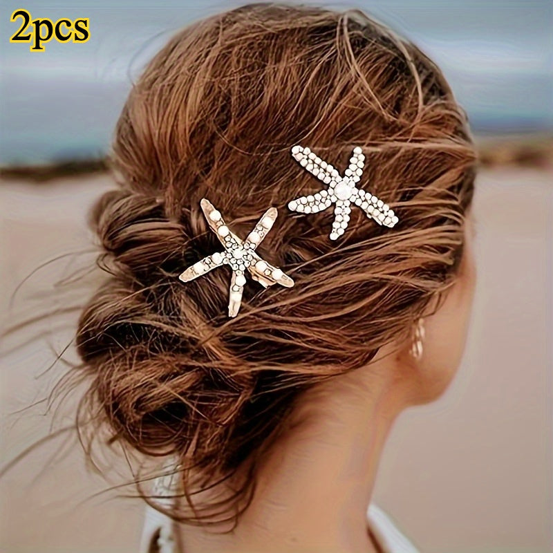 [Elegant Hair Clip] 2pcs Elegant Sweet Imitation Pearl Decorated Starfish Hair Clip Combination | Suitable for Weddings, Dates, Vacations, Daily Wear, Women's Hair Accessorie