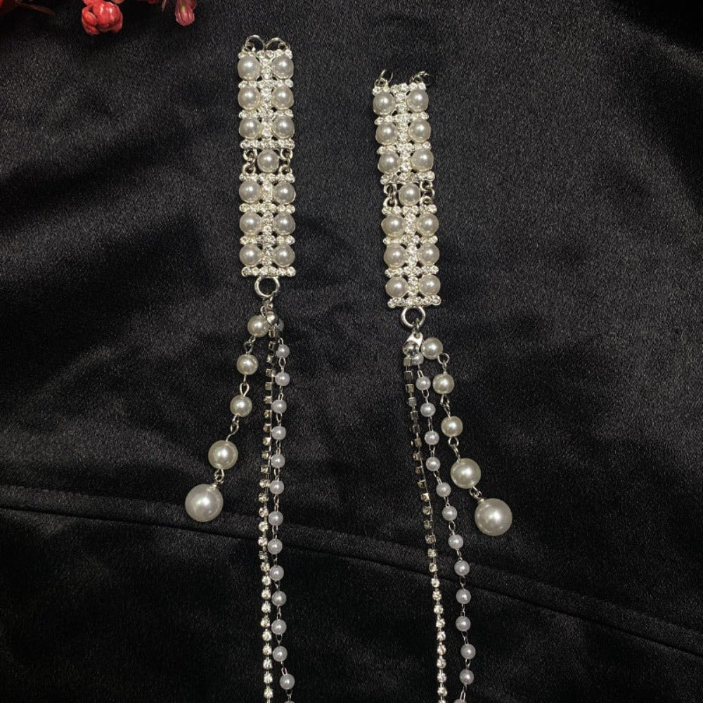 [Glamorous Hairpiece] Elegant Bridal Hair Accessory with Sparkling Rhinestones & Imitation Pearls - Ethnic Style Tassel Clip, Light Luxury Metal Headwear for Weddings, Wedding Accessories