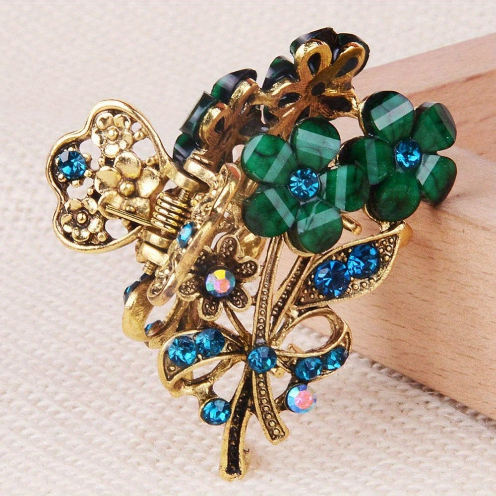 [Retro Hair Claw Clips] 4pcs Retro Flower Medium Hair Claw Clips with Rhinestone | Women's Fashion Metal Alloy Hairpins for Mid-Length Hair - Perfect for Daily Use, Parties, and Gifts