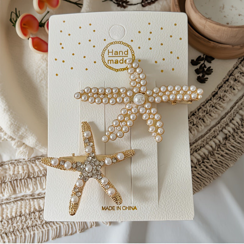 [Elegant Hair Clip] 2pcs Elegant Sweet Imitation Pearl Decorated Starfish Hair Clip Combination | Suitable for Weddings, Dates, Vacations, Daily Wear, Women's Hair Accessorie