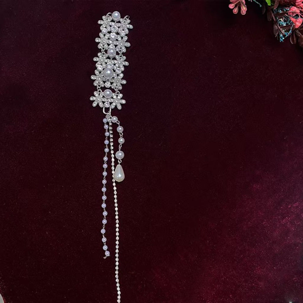 [Glamorous Hairpiece] Elegant Bridal Hair Accessory with Sparkling Rhinestones & Imitation Pearls - Ethnic Style Tassel Clip, Light Luxury Metal Headwear for Weddings, Wedding Accessories