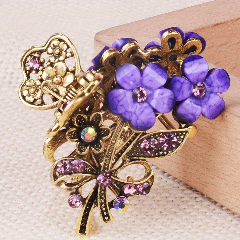 [Retro Hair Claw Clips] 4pcs Retro Flower Medium Hair Claw Clips with Rhinestone | Women's Fashion Metal Alloy Hairpins for Mid-Length Hair - Perfect for Daily Use, Parties, and Gifts