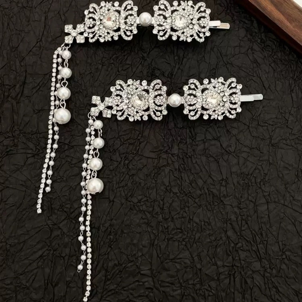 [Glamorous Hairpiece] Elegant Bridal Hair Accessory with Sparkling Rhinestones & Imitation Pearls - Ethnic Style Tassel Clip, Light Luxury Metal Headwear for Weddings, Wedding Accessories