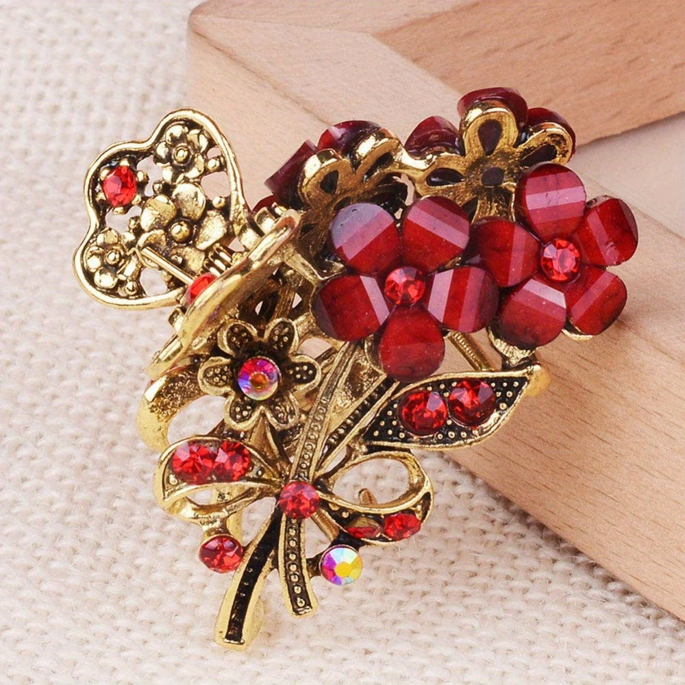 [Retro Hair Claw Clips] 4pcs Retro Flower Medium Hair Claw Clips with Rhinestone | Women's Fashion Metal Alloy Hairpins for Mid-Length Hair - Perfect for Daily Use, Parties, and Gifts