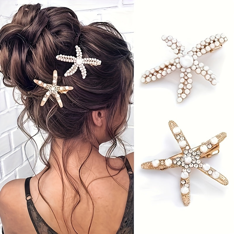 [Elegant Hair Clip] 2pcs Elegant Sweet Imitation Pearl Decorated Starfish Hair Clip Combination | Suitable for Weddings, Dates, Vacations, Daily Wear, Women's Hair Accessorie