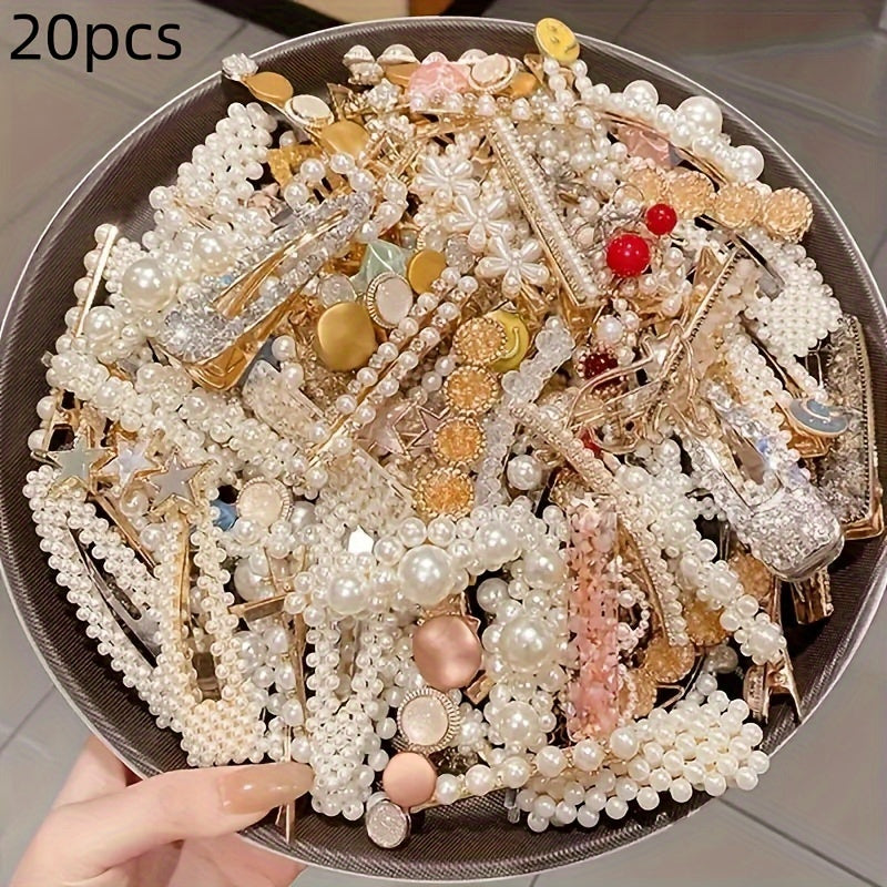 [Elegant Pearl | French] 20pcs Elegant Pearl | Bow Tie Hair Clip Set, French Temperament Hair Clip, Exquisite Korean Style Side Tassel Hair Clip, Plastic Duckbill Clip, Fashion Accessories Style Random