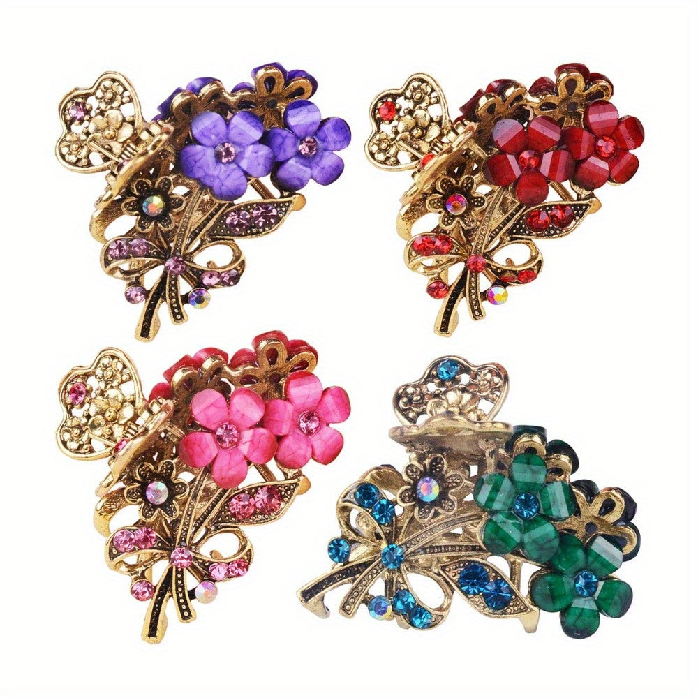[Retro Hair Claw Clips] 4pcs Retro Flower Medium Hair Claw Clips with Rhinestone | Women's Fashion Metal Alloy Hairpins for Mid-Length Hair - Perfect for Daily Use, Parties, and Gifts