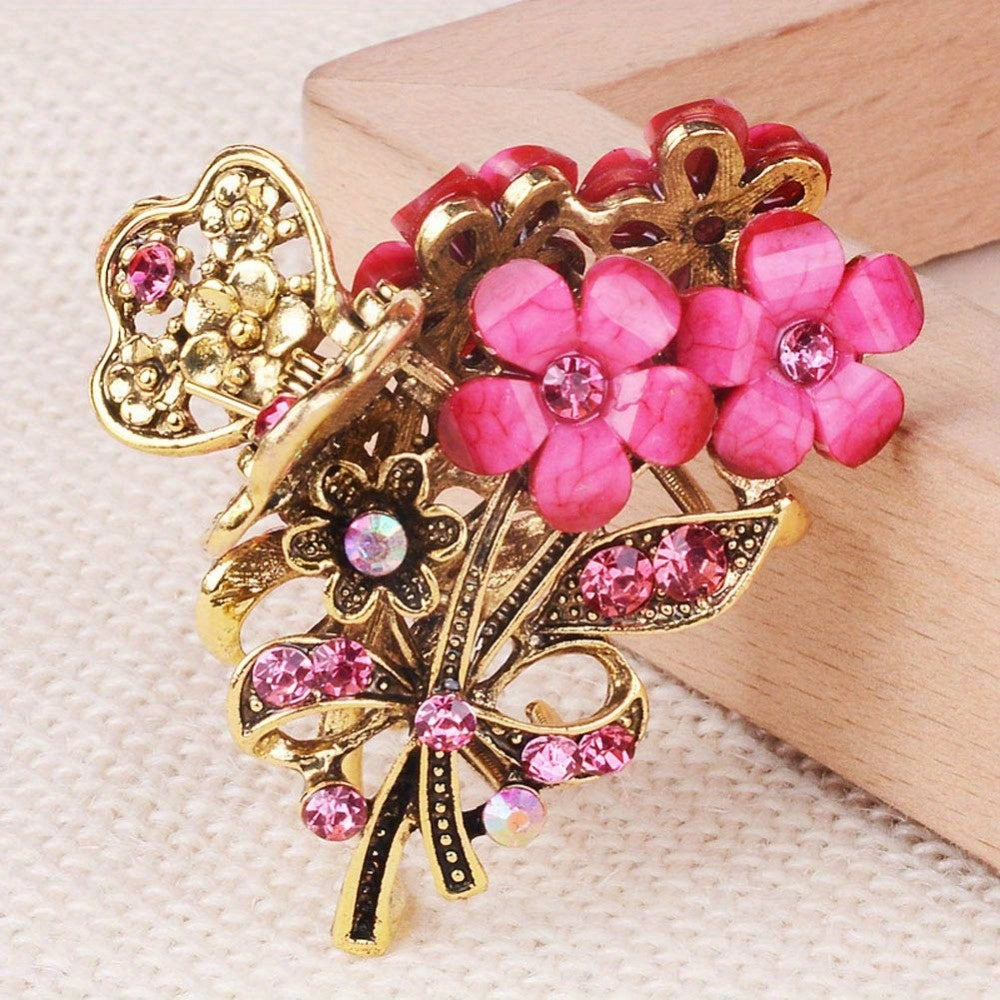 [Retro Hair Claw Clips] 4pcs Retro Flower Medium Hair Claw Clips with Rhinestone | Women's Fashion Metal Alloy Hairpins for Mid-Length Hair - Perfect for Daily Use, Parties, and Gifts