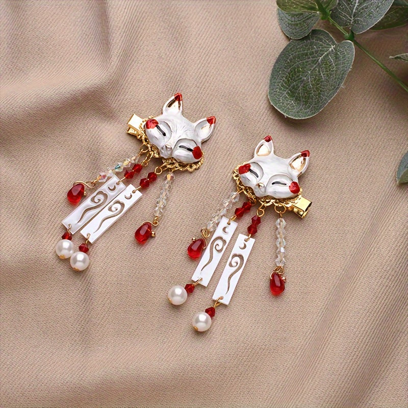 Two Cute Fox Tassel Hairpins, Vintage Hair Clips, Hanfu Hair Accessories for Women, Japanese-Style Hairpins with a Charming And Simple Animal Design in Mixed Colors - Perfect for Everyday Wear And Halloween, Durable Hair Accessories for Stylish Looks