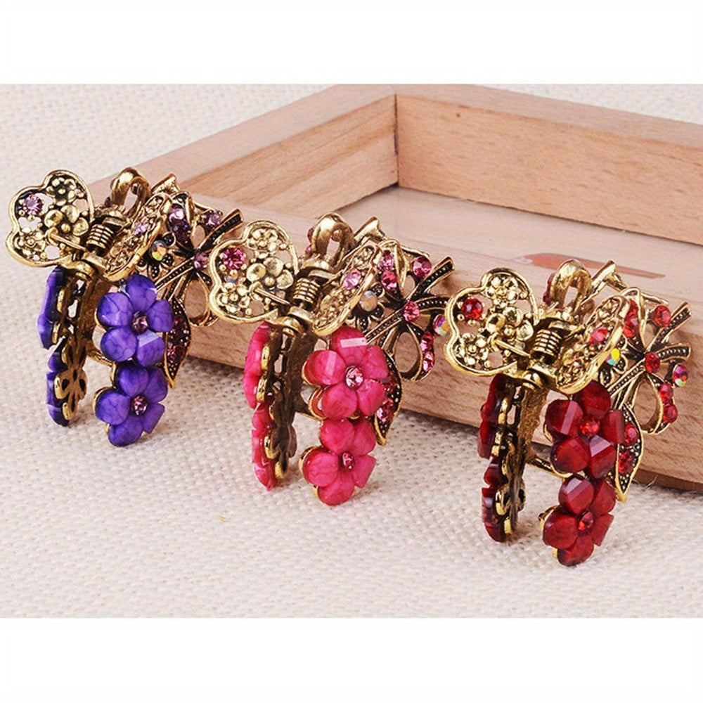 [Retro Hair Claw Clips] 4pcs Retro Flower Medium Hair Claw Clips with Rhinestone | Women's Fashion Metal Alloy Hairpins for Mid-Length Hair - Perfect for Daily Use, Parties, and Gifts