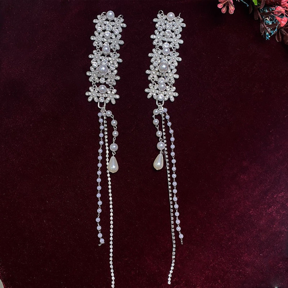 [Glamorous Hairpiece] Elegant Bridal Hair Accessory with Sparkling Rhinestones & Imitation Pearls - Ethnic Style Tassel Clip, Light Luxury Metal Headwear for Weddings, Wedding Accessories