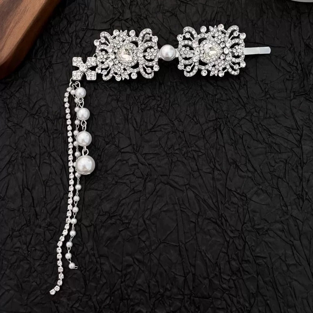 [Glamorous Hairpiece] Elegant Bridal Hair Accessory with Sparkling Rhinestones & Imitation Pearls - Ethnic Style Tassel Clip, Light Luxury Metal Headwear for Weddings, Wedding Accessories