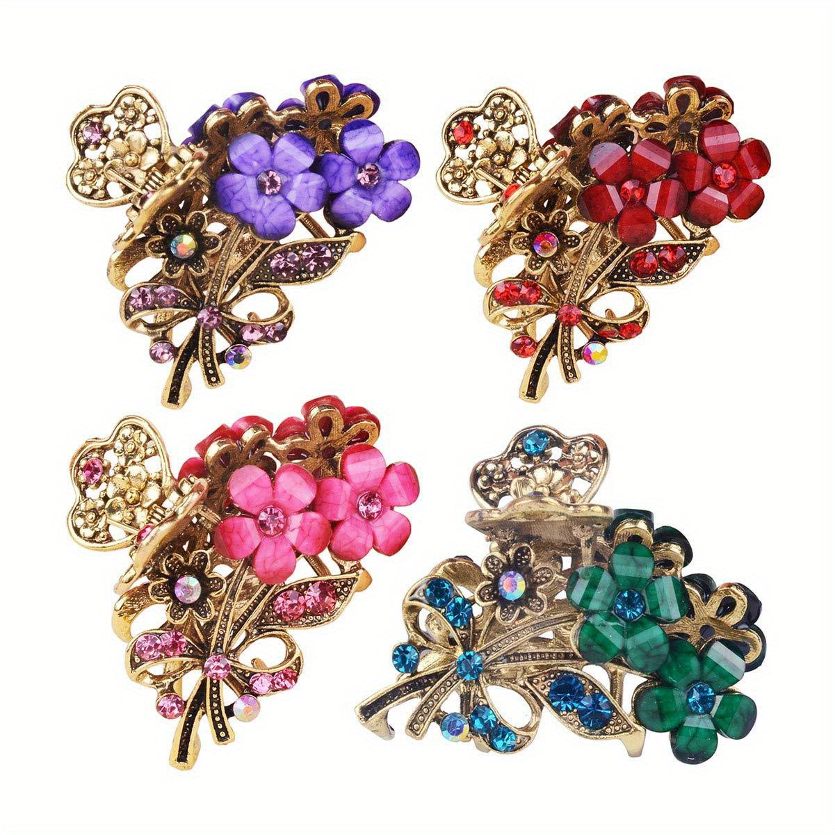 [Retro Hair Claw Clips] 4pcs Retro Flower Medium Hair Claw Clips with Rhinestone | Women's Fashion Metal Alloy Hairpins for Mid-Length Hair - Perfect for Daily Use, Parties, and Gifts